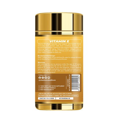 Vitaminnica Vitamin E- 120 Softgels – Antioxidant Supplement for Healthy Skin, Hair & Immunity – Supports Glowing Skin, Stronger Hair, and Cellular Protection - Vitaminnica Healthcare