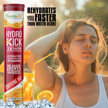 Vitaminnica Hydro Kick- 20 Effervescent Tablets | Hydration + Energy Boost | Electrolytes, Coconut Water, Caffeine & Green Tea | Vitamins & Minerals | Rehydration & Refreshing Energy Drink - Vitaminnica Healthcare