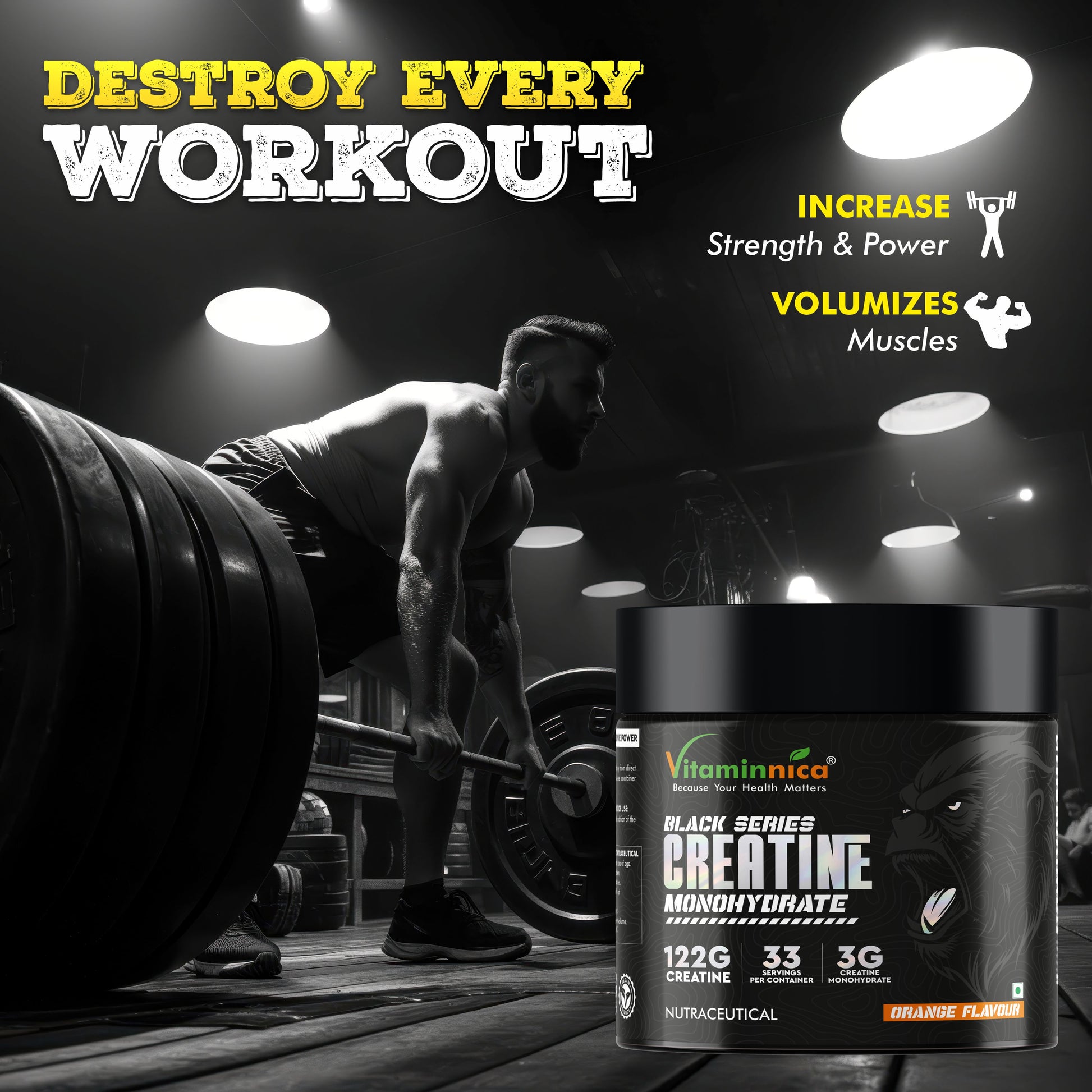 Vitaminnica Creatine Monohydrate 122g Powder – Orange Flavour | Muscle Growth, Strength & Endurance Supplement - Vitaminnica Healthcare