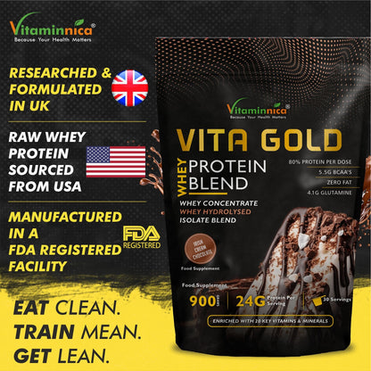 Vitaminnica Vita Gold Whey Protein Blend- Irish Cholocate Flavour | Whey Concentrate, Hydrolysed, Isolate Blend | 900gms - 30 Servings - Vitaminnica Healthcare