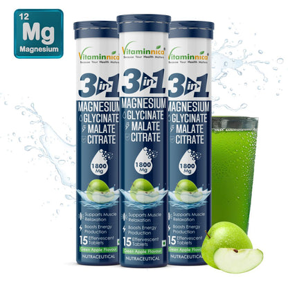 Vitaminnica Magnesium 3-in-1- 15 Effervescent Tablets | Malate, Glycinate & Citrate for Muscle Health, Relaxation and Stress - Vitaminnica Healthcare