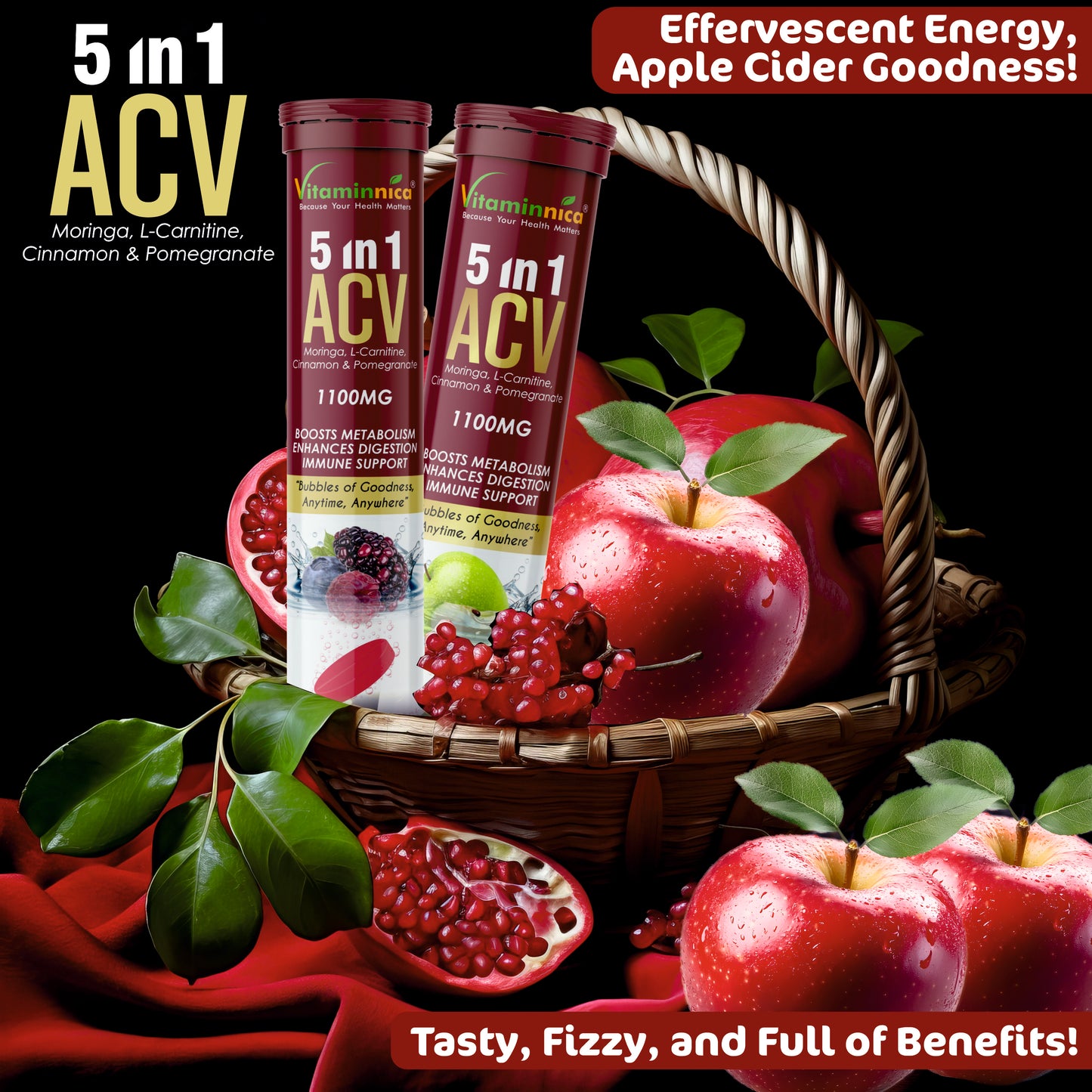 Vitaminnica ACV Moringa 5-in-1- Buy 1 Get 3 Free– Ultimate Detox & Metabolism Booster- 15 Effervescent Tablets | Green Apple Flavour - Vitaminnica Healthcare