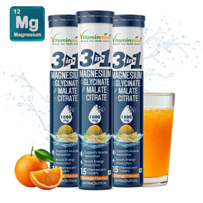 Vitaminnica Magnesium 3-in-1- 15 Effervescent Tablets | Malate, Glycinate & Citrate for Muscle Health, Relaxation and Stress - Vitaminnica Healthcare