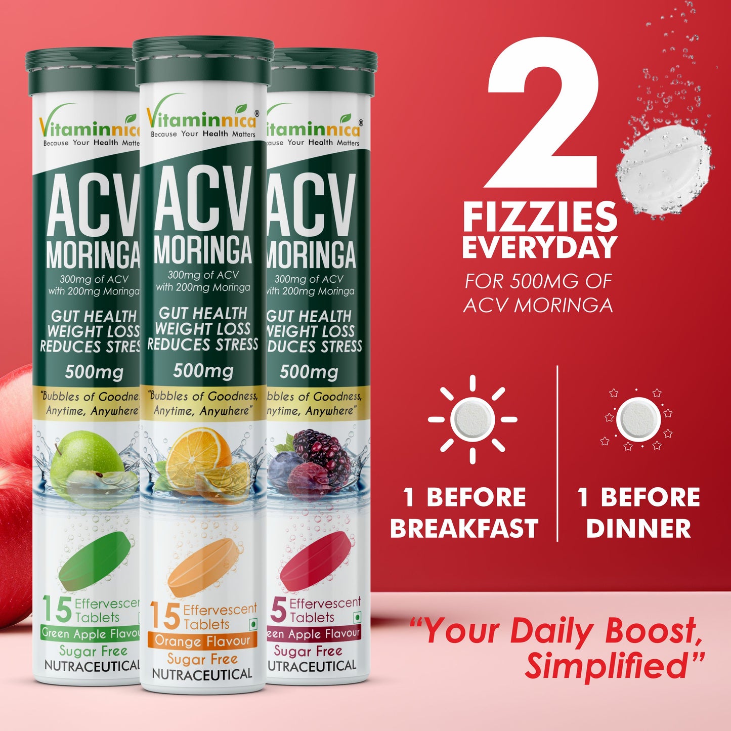 Vitaminnica ACV Moringa Effervescent- 15 Tablets | Supports Digestion, Detox & Weight Management- Buy1 Get3 Free - Vitaminnica Healthcare