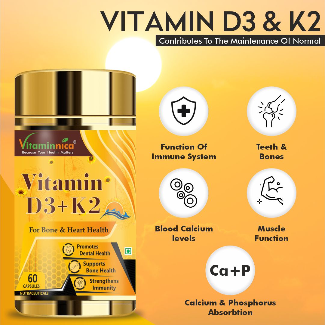 Vitaminnica Vitamin D3+K2 - Improves Dental, Bone Health & Immunity - 60 Capsules