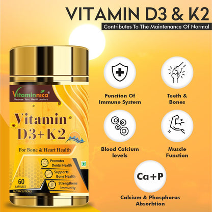 Vitaminnica Vitamin D3+K2 - Improves Dental, Bone Health & Immunity - 60 Capsules - Vitaminnica Healthcare