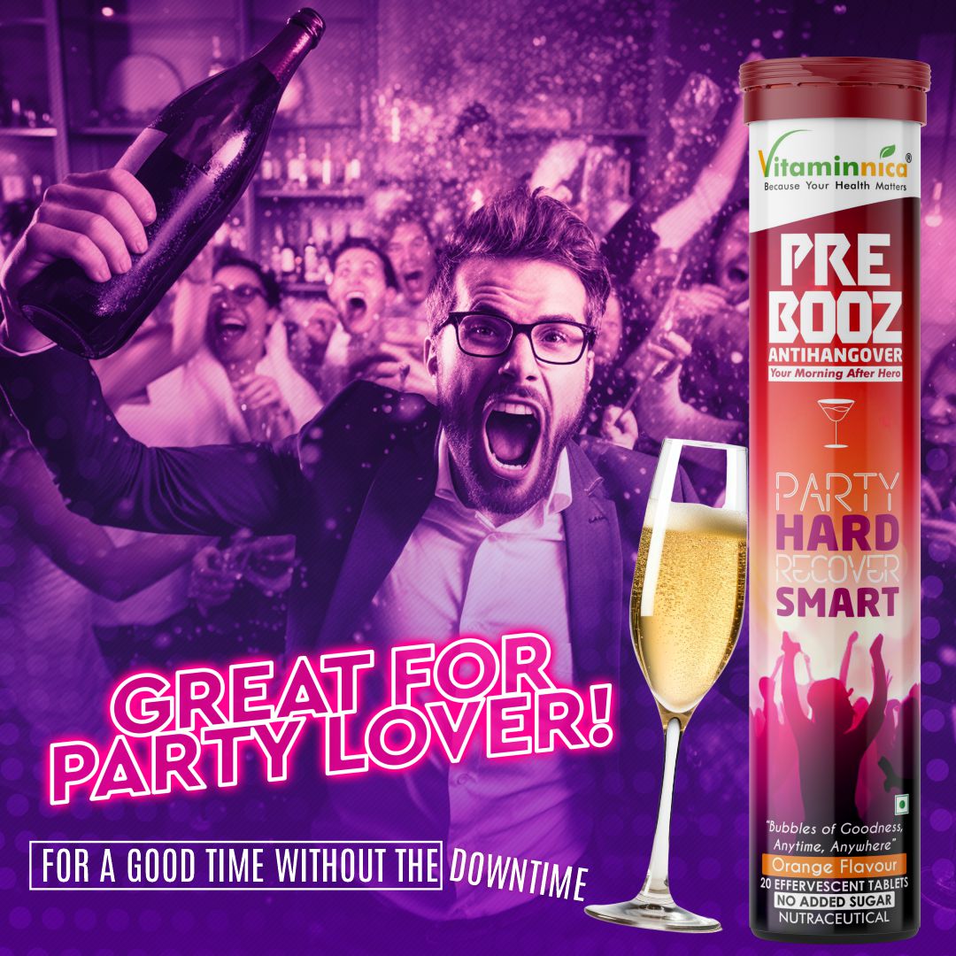 Vitaminnica Pre Booz- Hangover Relief Drink- 20 Effervescent Tablets– Pre & Post Party Recovery Supplement | With Vitamins, Minerals & Antioxidants | Helps Hydration, Liver Support, Energy & Detox - Vitaminnica Healthcare