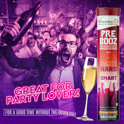 Vitaminnica Pre Booz- Hangover Relief Drink- 20 Effervescent Tablets– Pre & Post Party Recovery Supplement | With Vitamins, Minerals & Antioxidants | Helps Hydration, Liver Support, Energy & Detox - Vitaminnica Healthcare