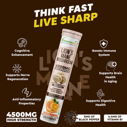 Vitaminnica Lion’s Mane Mushroom- 20 Effervescent Tablets | Brain Boost, Focus, Memory & Cognitive Support | Natural Nootropic Supplement | Mental Clarity, Nerve Health & Mood Enhancer | Vegan & Sugar-Free Tablets - Vitaminnica Healthcare