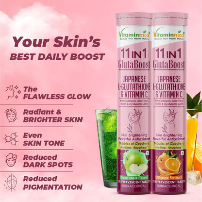 Vitaminnica Gluta Boost 11in1 Combo- Rejuvenates Skin, Hair & Nails- 15 Effervescent Tablets Each- Buy 1 Get 3 Free Offer - Vitaminnica Healthcare