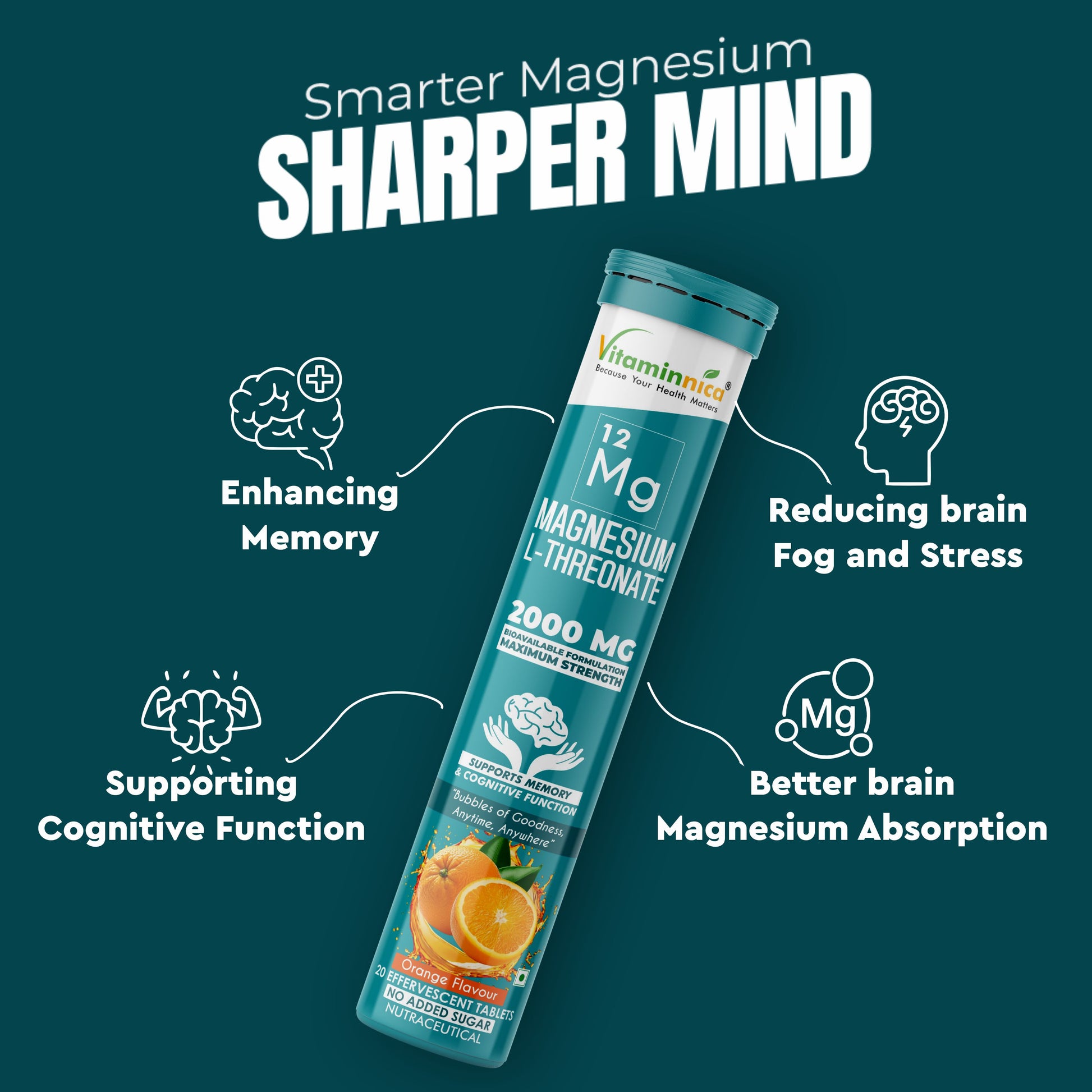 Vitaminnica Magnesium L-Threonate- 20 Effervescent Tablets – Brain Health, Memory & Focus Support Supplement - Vitaminnica Healthcare