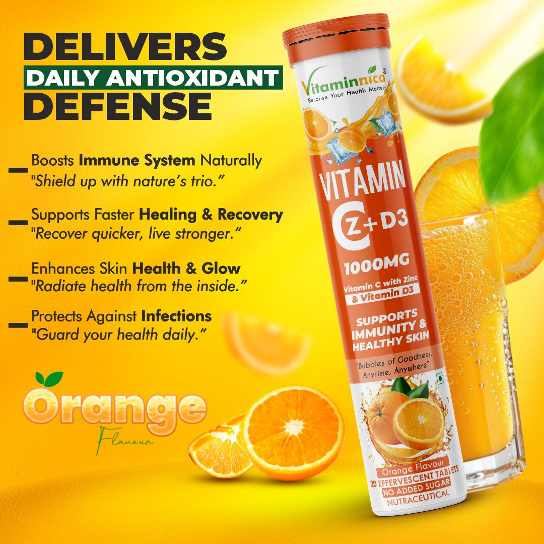 Vitaminnica Vitamin C + Zinc + D3- 20 Effervescent Tablets – High-Strength Vitamin C Drink for Immunity, Hydration, and Recovery | Sugar-Free, Orange Flavour - Vitaminnica Healthcare