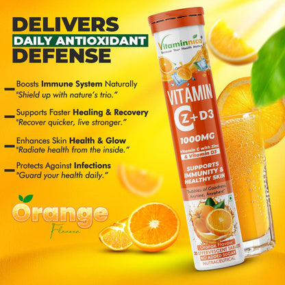 Vitaminnica Vitamin C + Zinc + D3- 20 Effervescent Tablets – High-Strength Vitamin C Drink for Immunity, Hydration, and Recovery | Sugar-Free, Orange Flavour - Vitaminnica Healthcare