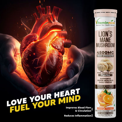 Vitaminnica Lion’s Mane Mushroom- 20 Effervescent Tablets | Brain Boost, Focus, Memory & Cognitive Support | Natural Nootropic Supplement | Mental Clarity, Nerve Health & Mood Enhancer | Vegan & Sugar-Free Tablets - Vitaminnica Healthcare