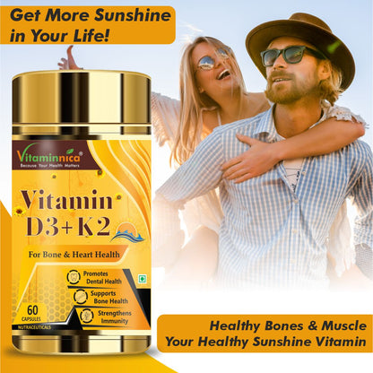 Vitaminnica Vitamin D3+K2 - Improves Dental, Bone Health & Immunity - 60 Capsules - Vitaminnica Healthcare