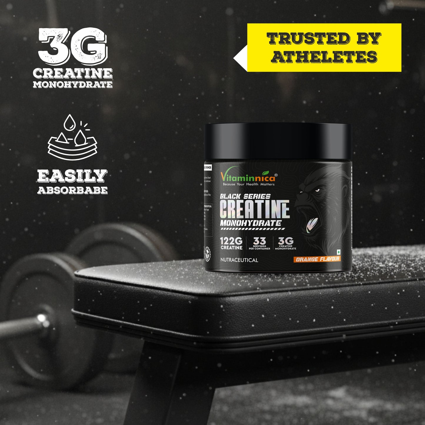Vitaminnica Creatine Monohydrate 122g Powder – Orange Flavour | Muscle Growth, Strength & Endurance Supplement - Vitaminnica Healthcare