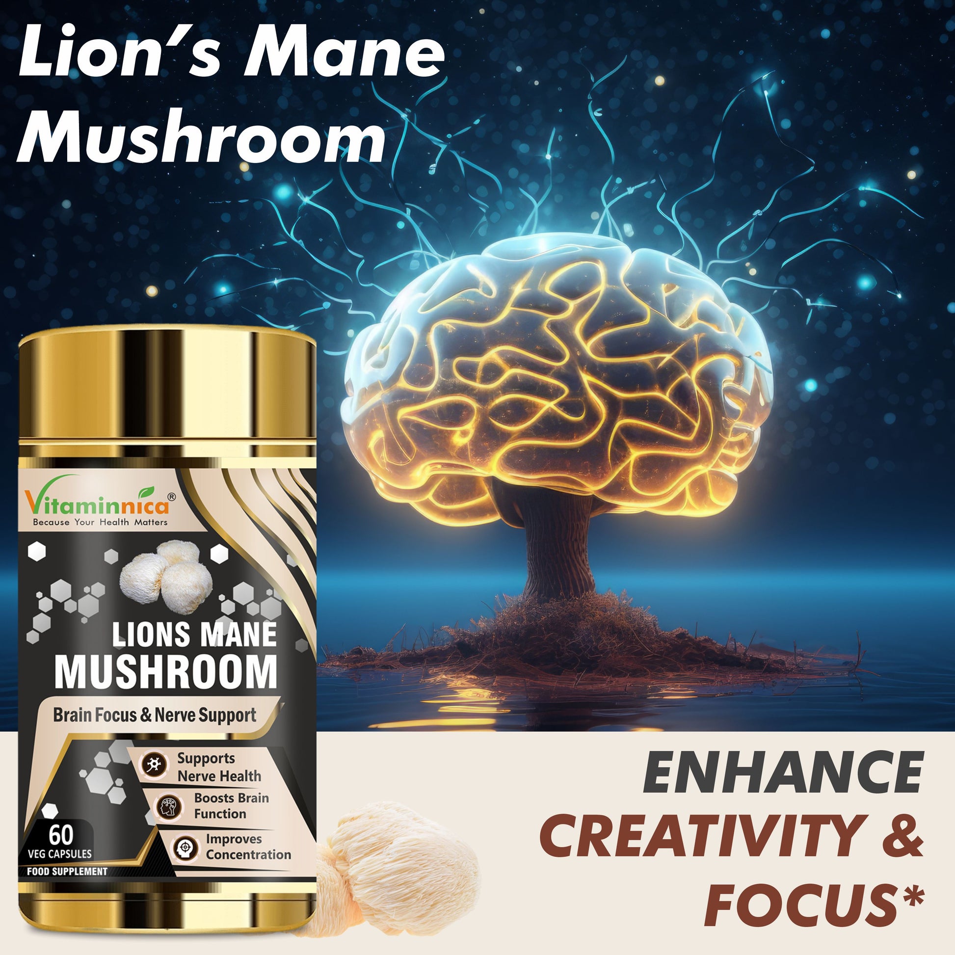 Vitaminnica Lion's Mane Mushroom- 60 Capsules - Vitaminnica Healthcare