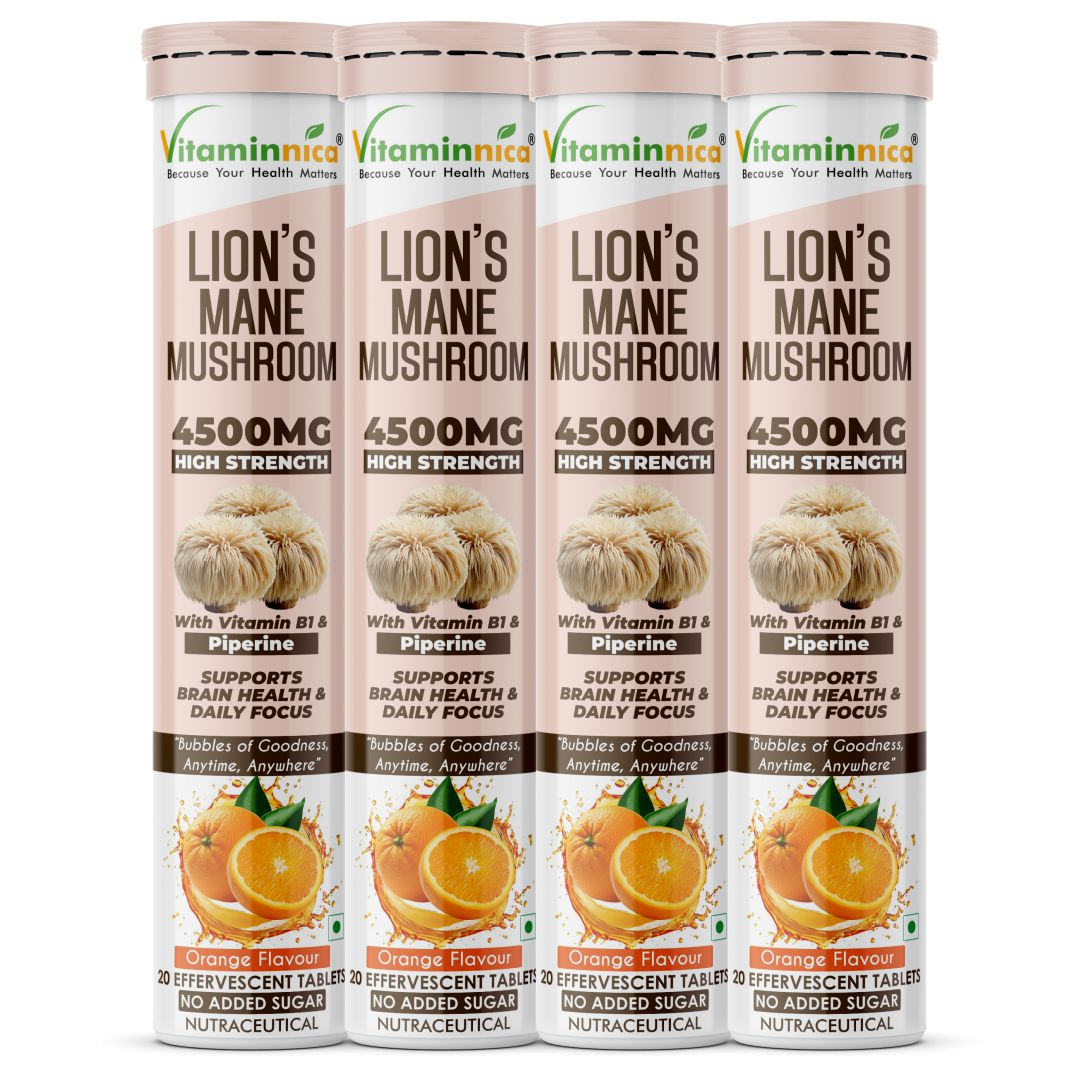 Vitaminnica Lion’s Mane Mushroom- 20 Effervescent Tablets | Brain Boost, Focus, Memory & Cognitive Support | Natural Nootropic Supplement | Mental Clarity, Nerve Health & Mood Enhancer | Vegan & Sugar-Free Tablets - Vitaminnica Healthcare