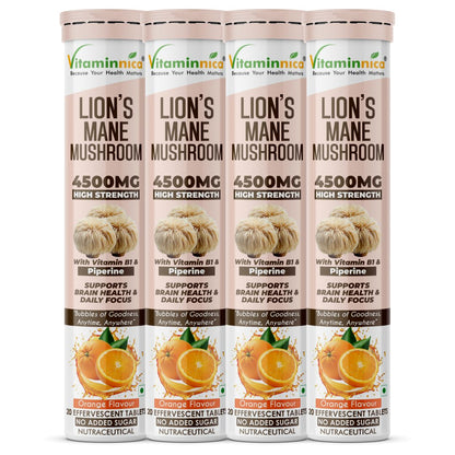 Vitaminnica Lion’s Mane Mushroom- 20 Effervescent Tablets | Brain Boost, Focus, Memory & Cognitive Support | Natural Nootropic Supplement | Mental Clarity, Nerve Health & Mood Enhancer | Vegan & Sugar-Free Tablets - Vitaminnica Healthcare