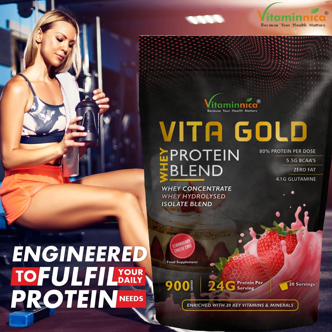 Vitaminnica Vita Gold Whey Protein Blend- Strawberry Cheese Cake Flavour | Whey Concentrate, Hydrolysed, Isolate Blend | 900gms - 30 Servings - Vitaminnica Healthcare