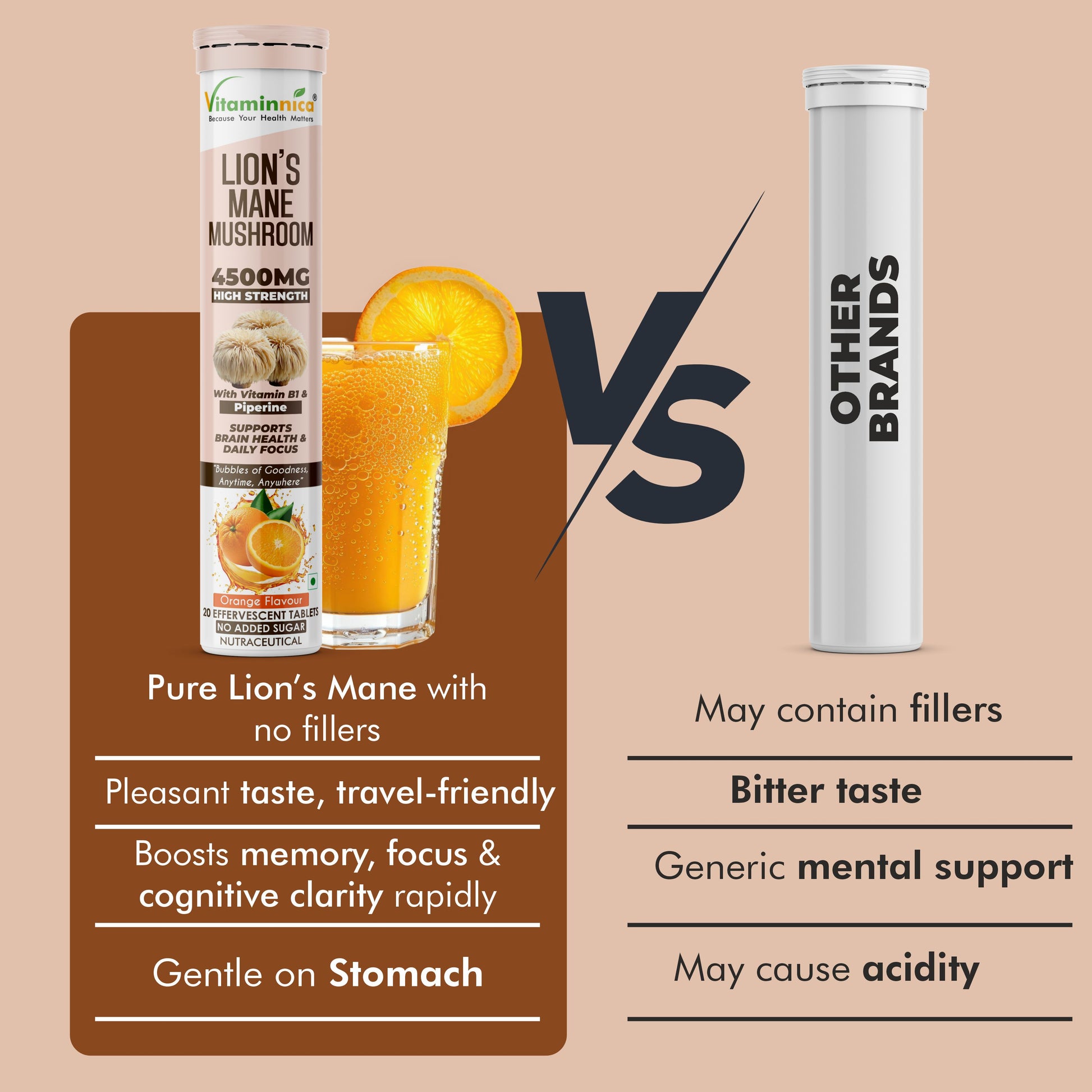 Vitaminnica Lion’s Mane Mushroom- 20 Effervescent Tablets | Brain Boost, Focus, Memory & Cognitive Support | Natural Nootropic Supplement | Mental Clarity, Nerve Health & Mood Enhancer | Vegan & Sugar-Free Tablets - Vitaminnica Healthcare