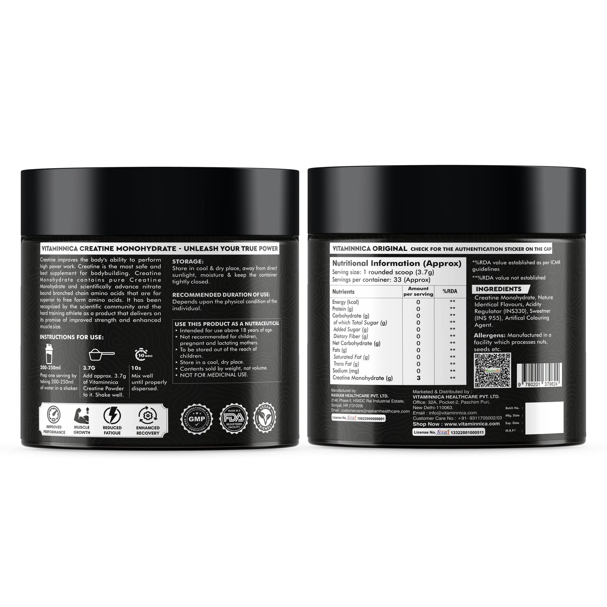 Vitaminnica Creatine Monohydrate 122g Powder – Orange Flavour | Muscle Growth, Strength & Endurance Supplement - Vitaminnica Healthcare