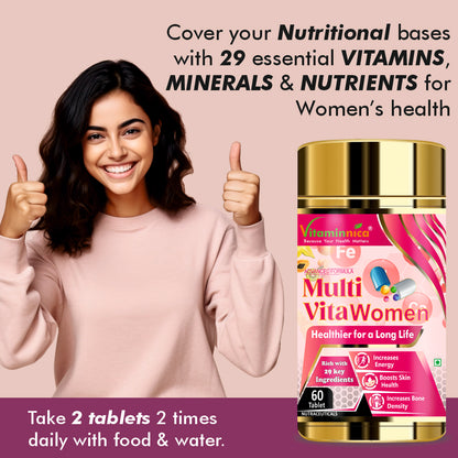 Multi Vita (Multivitamins) - Women and Bone Improves Energy level, Better Skin Density- 60 Tablets - Vitaminnica Healthcare