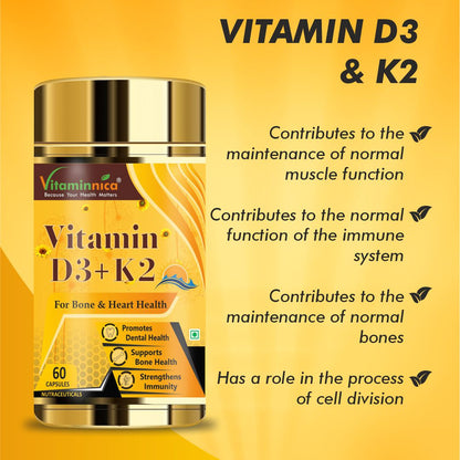 Vitaminnica Vitamin D3+K2 - Improves Dental, Bone Health & Immunity - 60 Capsules - Vitaminnica Healthcare