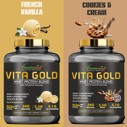 Vitaminnica Vita Gold 100% Whey Protein Powder- 5 Lbs (75 Servings) | UK Formulation with Digestive Enzymes - Vitaminnica Healthcare