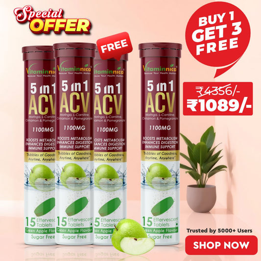 Vitaminnica ACV Moringa 5-in-1- Buy 1 Get 3 Free– Ultimate Detox & Metabolism Booster- 15 Effervescent Tablets | Green Apple Flavour - Vitaminnica Healthcare