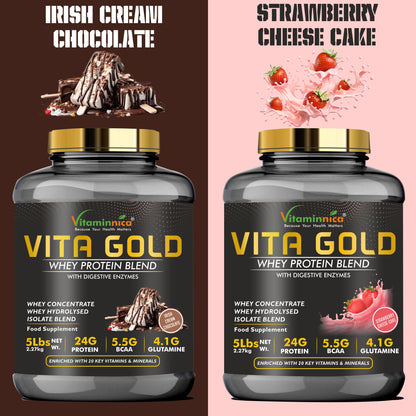 Vitaminnica Vita Gold 100% Whey Protein Powder- 5 Lbs (75 Servings) | UK Formulation with Digestive Enzymes - Vitaminnica Healthcare