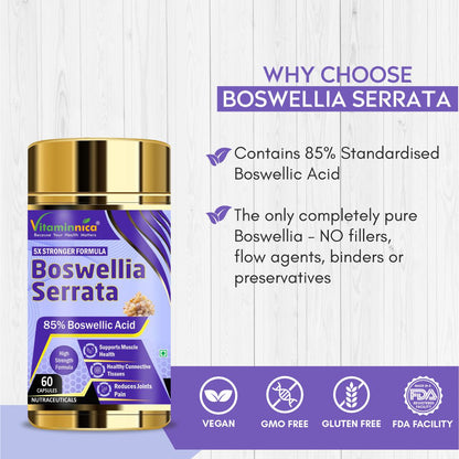 Vitaminnica Boswellia Serrata 2500mg (5:1 Extract) | 60 Vegan Capsules- 2 Months Supply | 85% Standardised Boswellic Acid, Indian Frankincense | Anti-inflammatory - Vitaminnica Healthcare