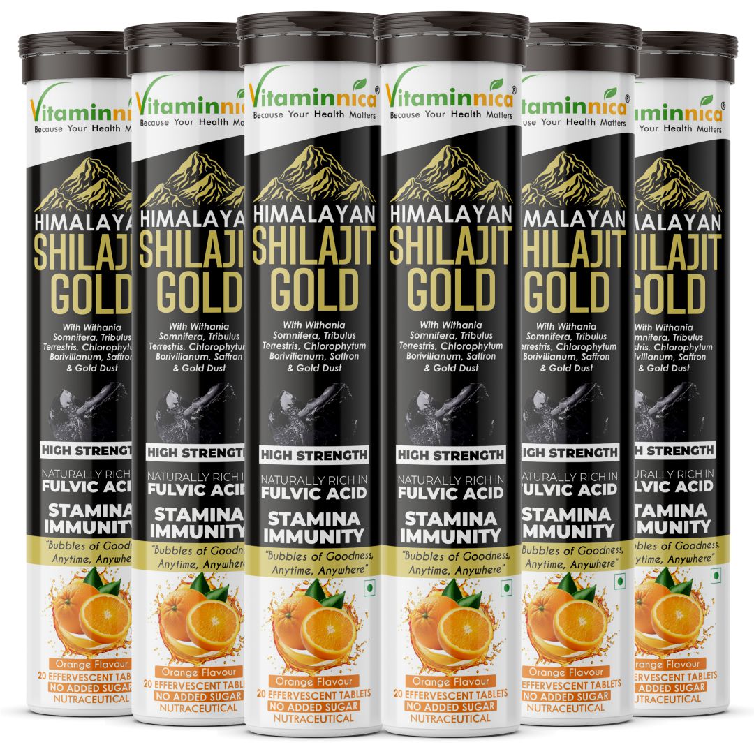 Vitaminnica Shilajit Gold- 20 Effervescent Tablets | Ashwagandha, Gokhru, Saffron & Swarna Bhasma (Gold Dust) for Natural Vitality, Strength & Performance Booster - Vitaminnica Healthcare