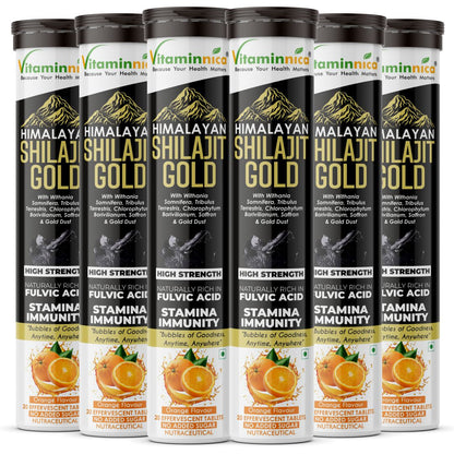 Vitaminnica Shilajit Gold- 20 Effervescent Tablets | Ashwagandha, Gokhru, Saffron & Swarna Bhasma (Gold Dust) for Natural Vitality, Strength & Performance Booster - Vitaminnica Healthcare