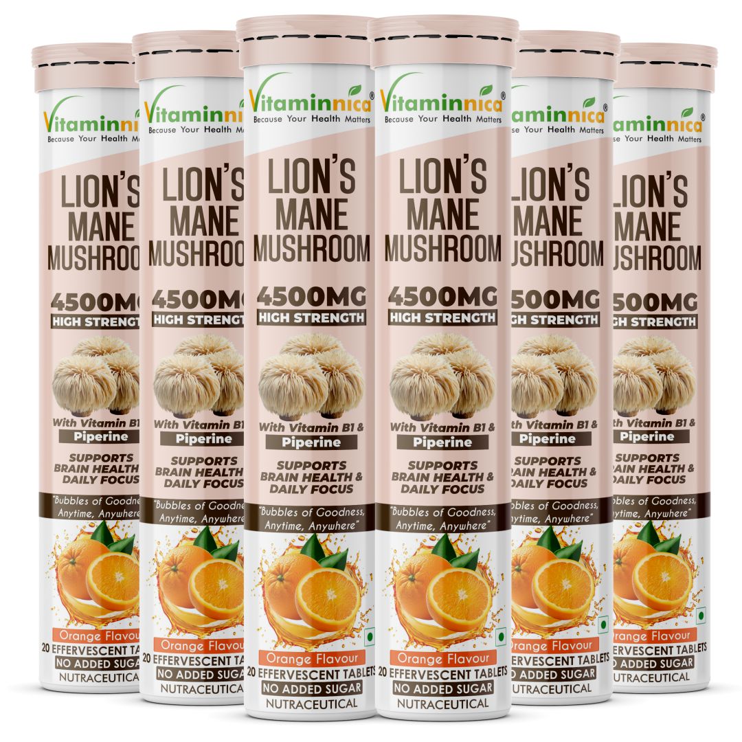 Vitaminnica Lion’s Mane Mushroom- 20 Effervescent Tablets | Brain Boost, Focus, Memory & Cognitive Support | Natural Nootropic Supplement | Mental Clarity, Nerve Health & Mood Enhancer | Vegan & Sugar-Free Tablets - Vitaminnica Healthcare