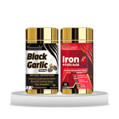 Black Garlic + Iron+Folic Acid Combo: Nutritional Support for Energy - 120 Capsules - vitaminnicahealthcare