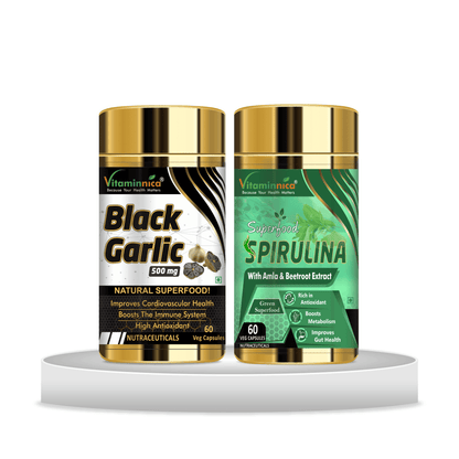 Black Garlic + Spirulina Combo: Immune Support and Nutritional Boost - 120 Capsules - vitaminnicahealthcare