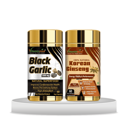 Black Garlic + Korean Ginseng Combo: Energy and Vitality Booster - 120 Capsules - vitaminnicahealthcare