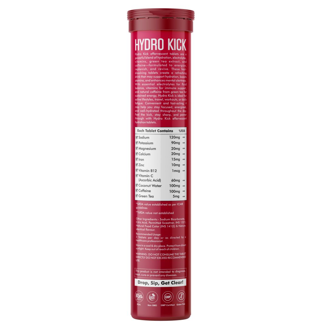 Vitaminnica Hydro Kick- 20 Effervescent Tablets | Hydration + Energy Boost | Electrolytes, Coconut Water, Caffeine & Green Tea | Vitamins & Minerals | Rehydration & Refreshing Energy Drink - Vitaminnica Healthcare