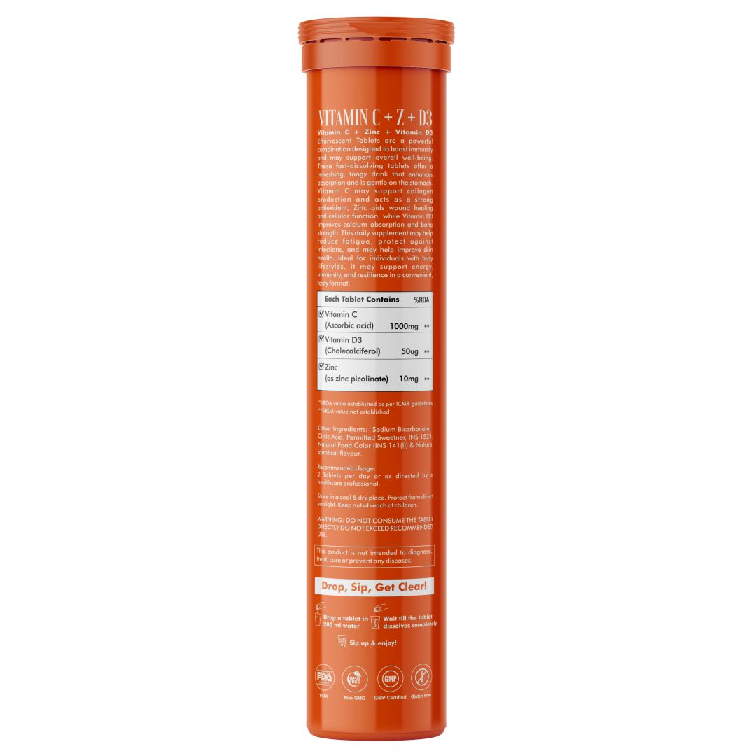 Vitaminnica Vitamin C + Zinc + D3- 20 Effervescent Tablets – High-Strength Vitamin C Drink for Immunity, Hydration, and Recovery | Sugar-Free, Orange Flavour - Vitaminnica Healthcare