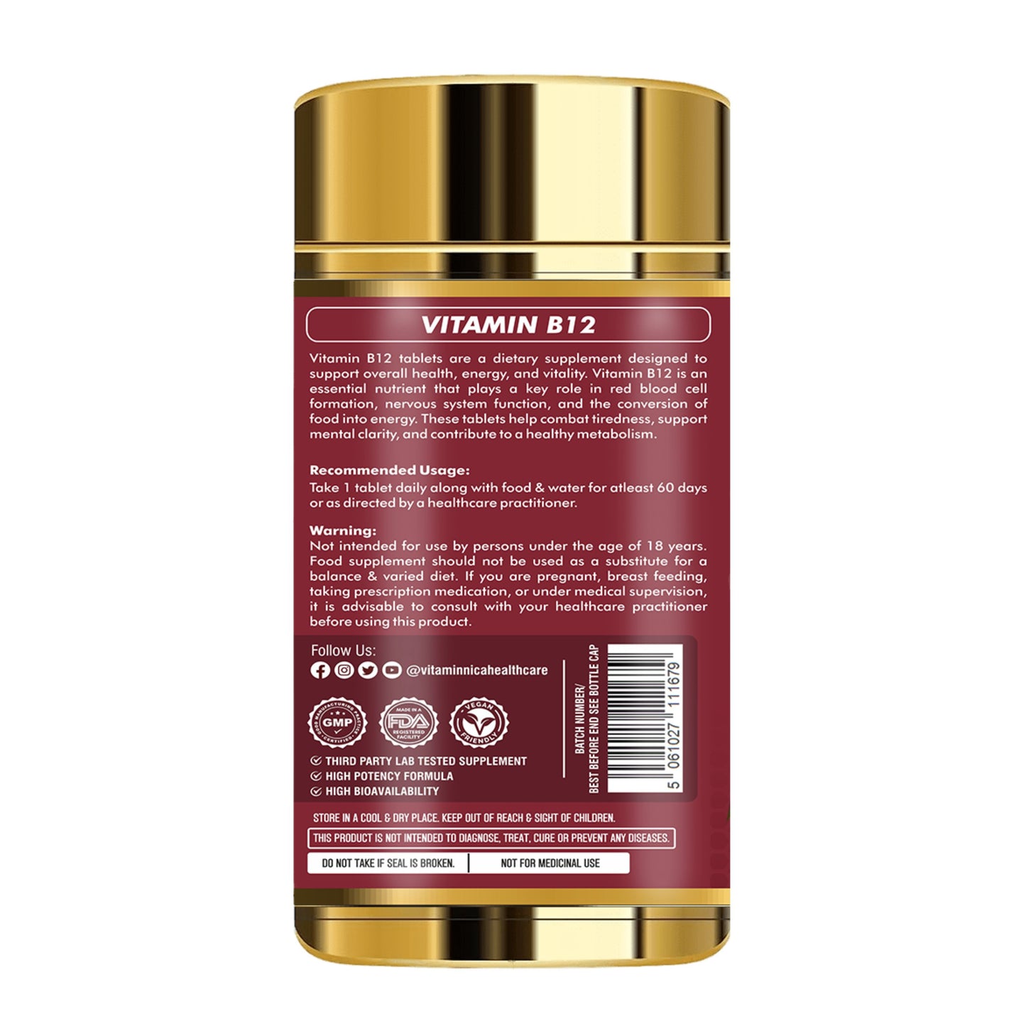 Vitaminnica Vitamin B12 180 Tablets – High Strength Supplement for Energy Production, Reduced Fatigue & Immune Support – Nervous System & Cognitive Health - Vitaminnica Healthcare