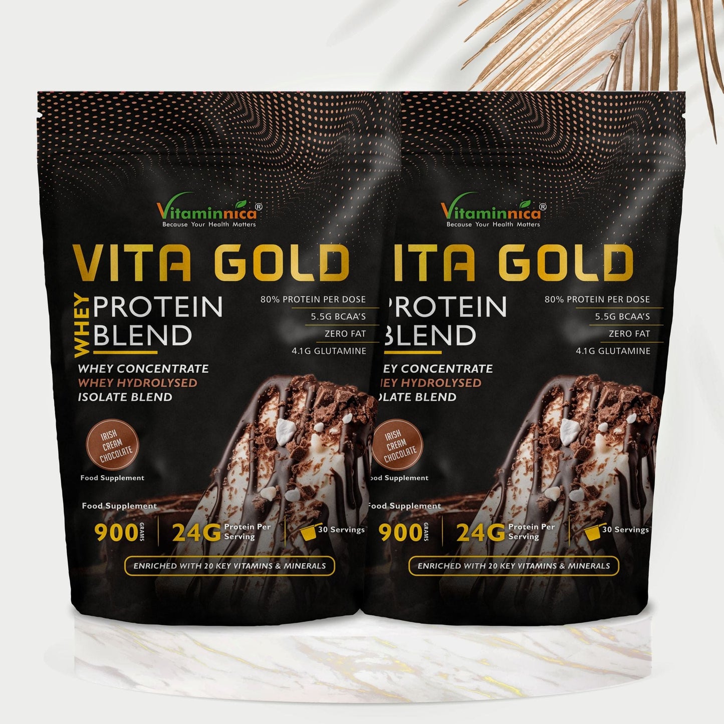 Vitaminnica Vita Gold Whey Protein Blend- Irish Cholocate Flavour | Whey Concentrate, Hydrolysed, Isolate Blend | 900gms - 30 Servings - Vitaminnica Healthcare