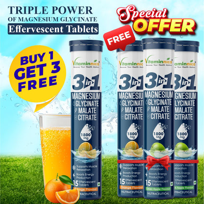 Vitaminnica Magnesium 3-in-1 | Malate, Glycinate & Citrate for Muscle Health, Relaxation and Stress- 15 Effervescent Tablets Each- Buy 1 Get 3 Free Offer - Vitaminnica Healthcare