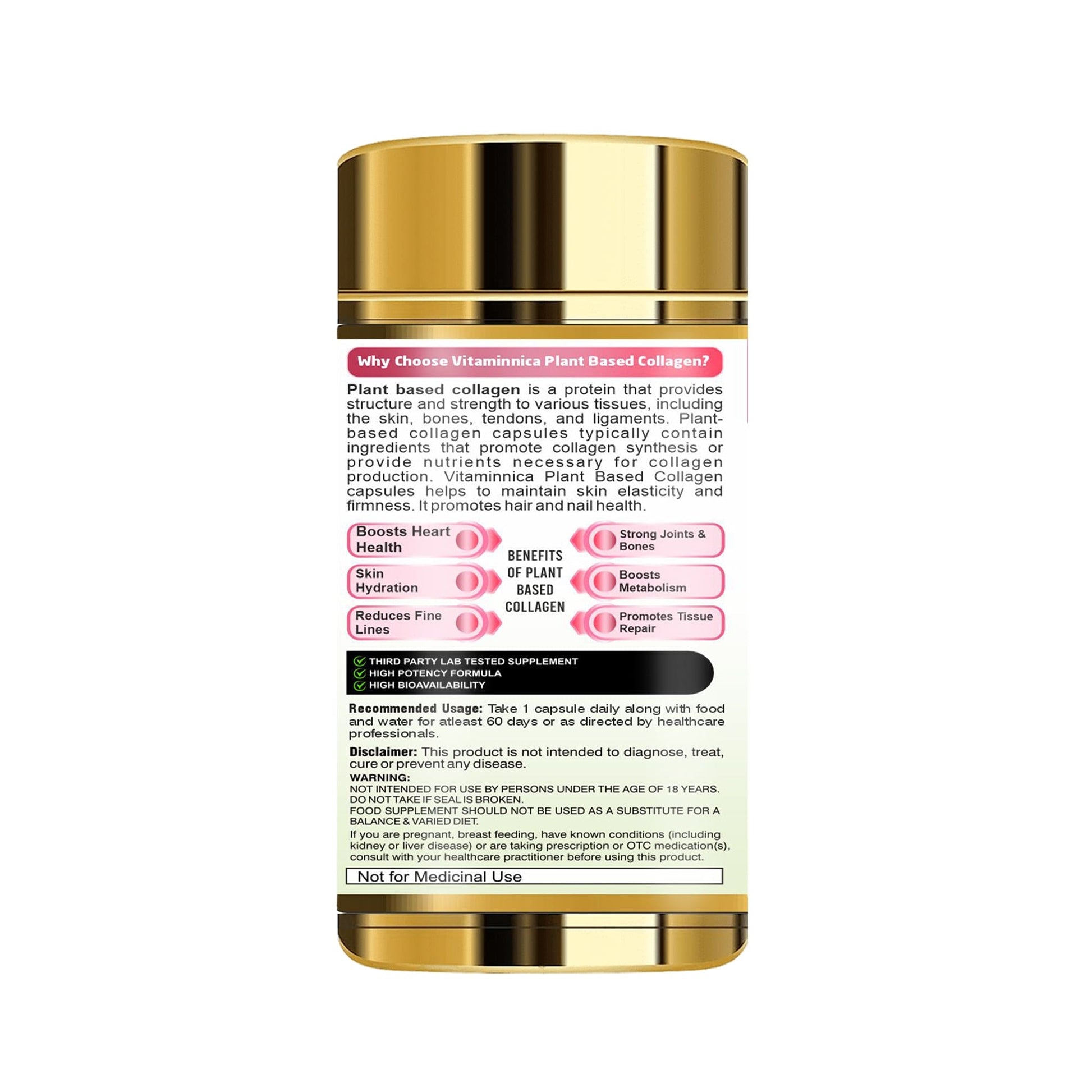 Vitaminnica Plant Based Collagen- Hyaluronic Acid & Vitamin C - Skin, Hair, Bones & Joints | 60 Capsules - Vitaminnica Healthcare