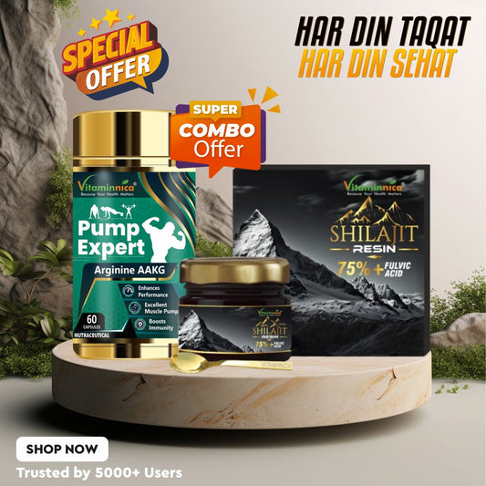 Vitaminnica Shilajit Resin + Pump Expert Arginine AAKG Capsules- Combo Offer | Recharge Your Energy, Strength & Focus — Naturally - Vitaminnica Healthcare