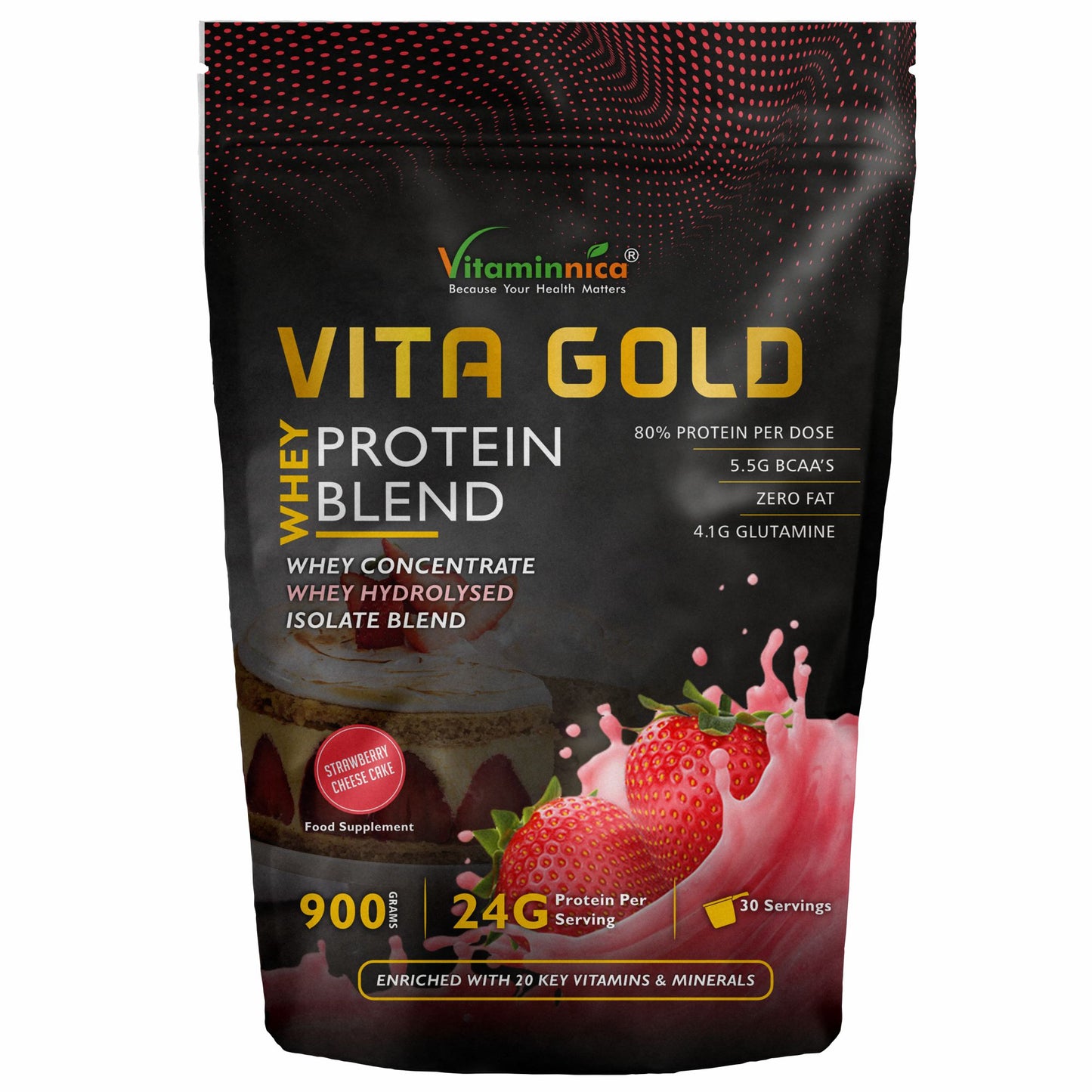 Vitaminnica Vita Gold Whey Protein Blend- Irish Cholocate Flavour | Whey Concentrate, Hydrolysed, Isolate Blend | 900gms - 30 Servings - Vitaminnica Healthcare
