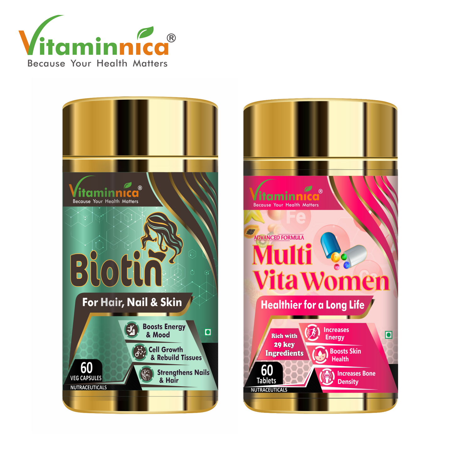 Vitaminnica Combo Pack for Women- Biotin for Hair, Nails, Skin- 60 Capsules with Multi Vita Women for Overall Health & Immunity- 60 Tablets - vitaminnicahealthcare