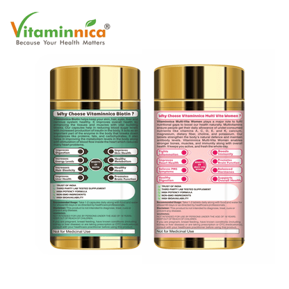 Vitaminnica Combo Pack for Women- Biotin for Hair, Nails, Skin- 60 Capsules with Multi Vita Women for Overall Health & Immunity- 60 Tablets - vitaminnicahealthcare