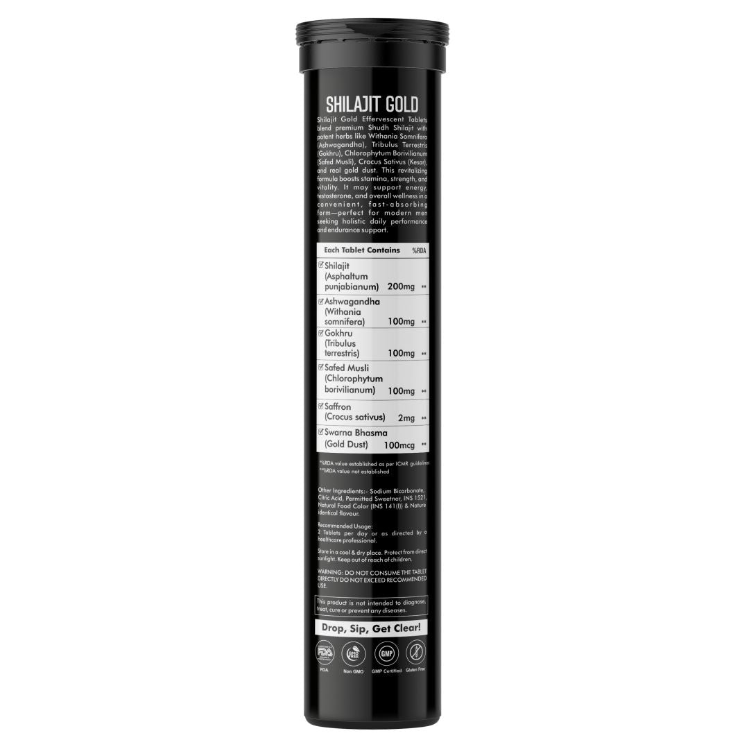 Vitaminnica Shilajit Gold- 20 Effervescent Tablets | Ashwagandha, Gokhru, Saffron & Swarna Bhasma (Gold Dust) for Natural Vitality, Strength & Performance Booster - Vitaminnica Healthcare