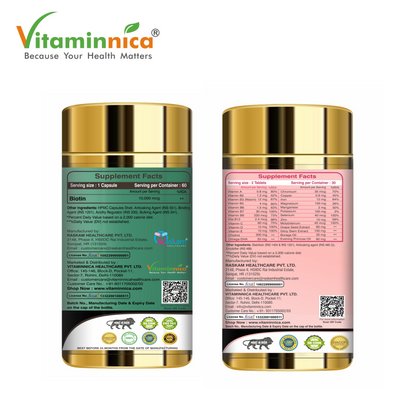 Vitaminnica Combo Pack for Women- Biotin for Hair, Nails, Skin- 60 Capsules with Multi Vita Women for Overall Health & Immunity- 60 Tablets - vitaminnicahealthcare